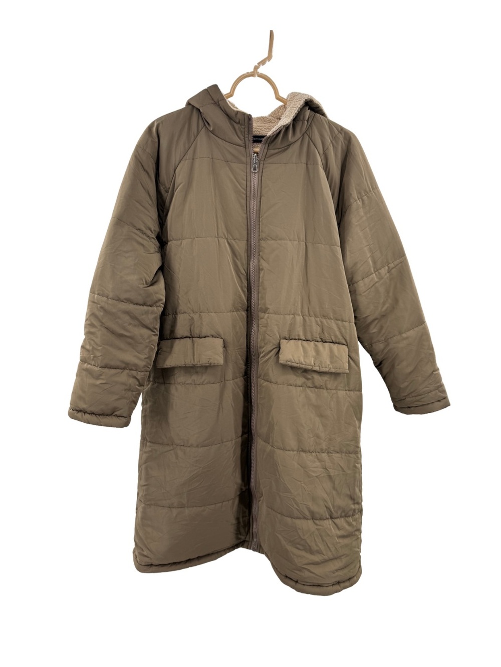 Women's Lightweight faux Sherpa lined knee length Puffer Coat Tan S outdoor
